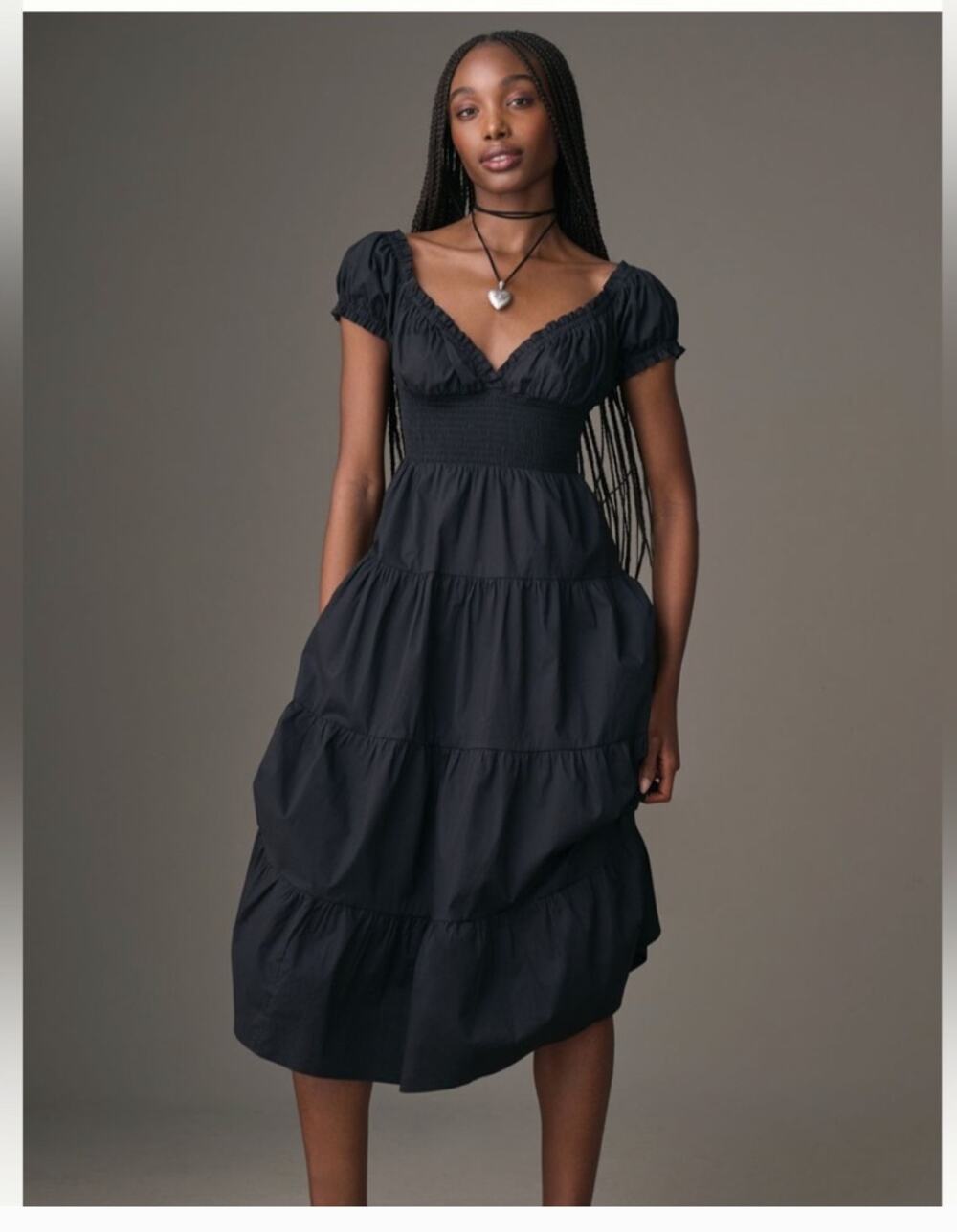 Danielle Bernstein Puff Sleeve Cotton Poplin Smocked Midi Dress Black sz S